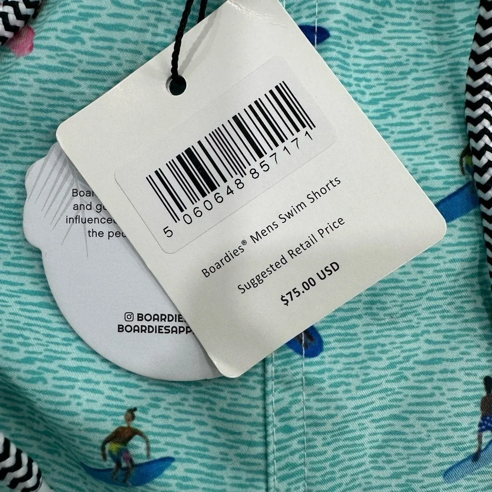 NEW Boardies Apparel Men’s Swim Trunks Aqua Blue Surfer Print Size Large